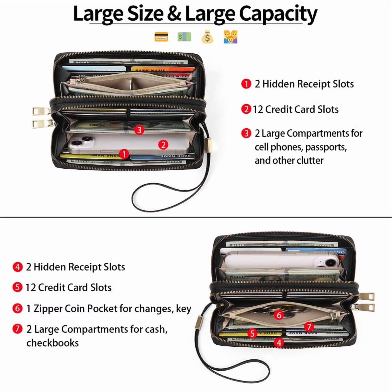 Wallet for Women Clutch RFID Blocking Wristlet Leather Purse Large Capacity Credit Card Holder with Grip Hand Strap