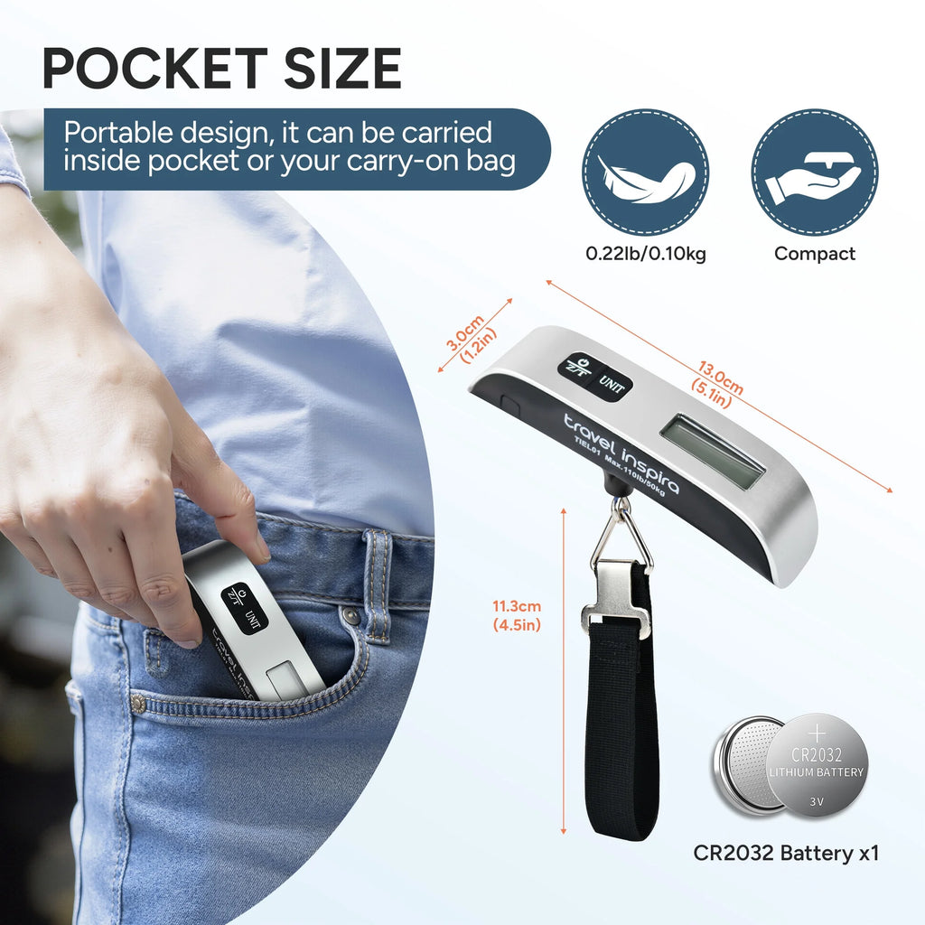Digital Luggage Scale, 110LB Portable Handheld Baggage Scale for Travel, Suitcase Scale with Hook, Battery Included with Overweight Alert, White Backlight LCD Display - Silver