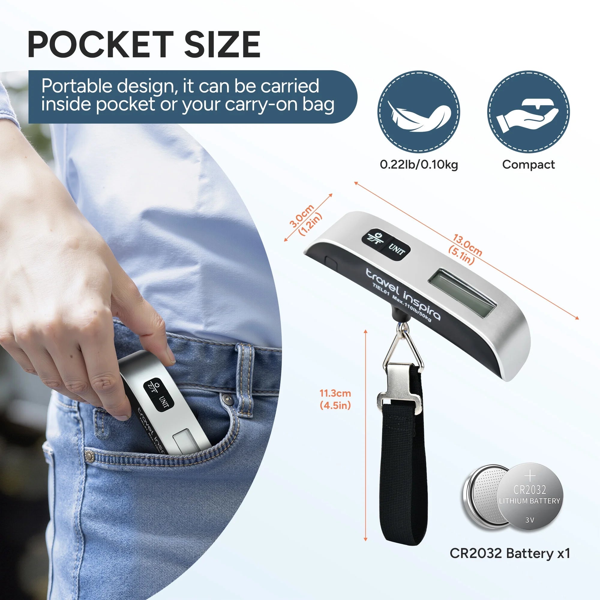 Digital Luggage Scale, 110LB Portable Handheld Baggage Scale for Travel, Suitcase Scale with Hook, Battery Included with Overweight Alert, White Backlight LCD Display - Silver