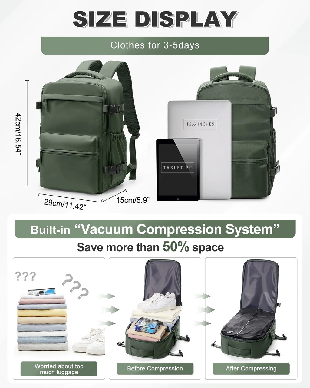 Travel Vacuum Backpack with Air Pump, Vacuum Seal Carry on Backpack for Airplanes, Vacuum Back Pack for Travel Backpack with Vacuum Compression Business Day Vacpack Backpack for Women Men Green
