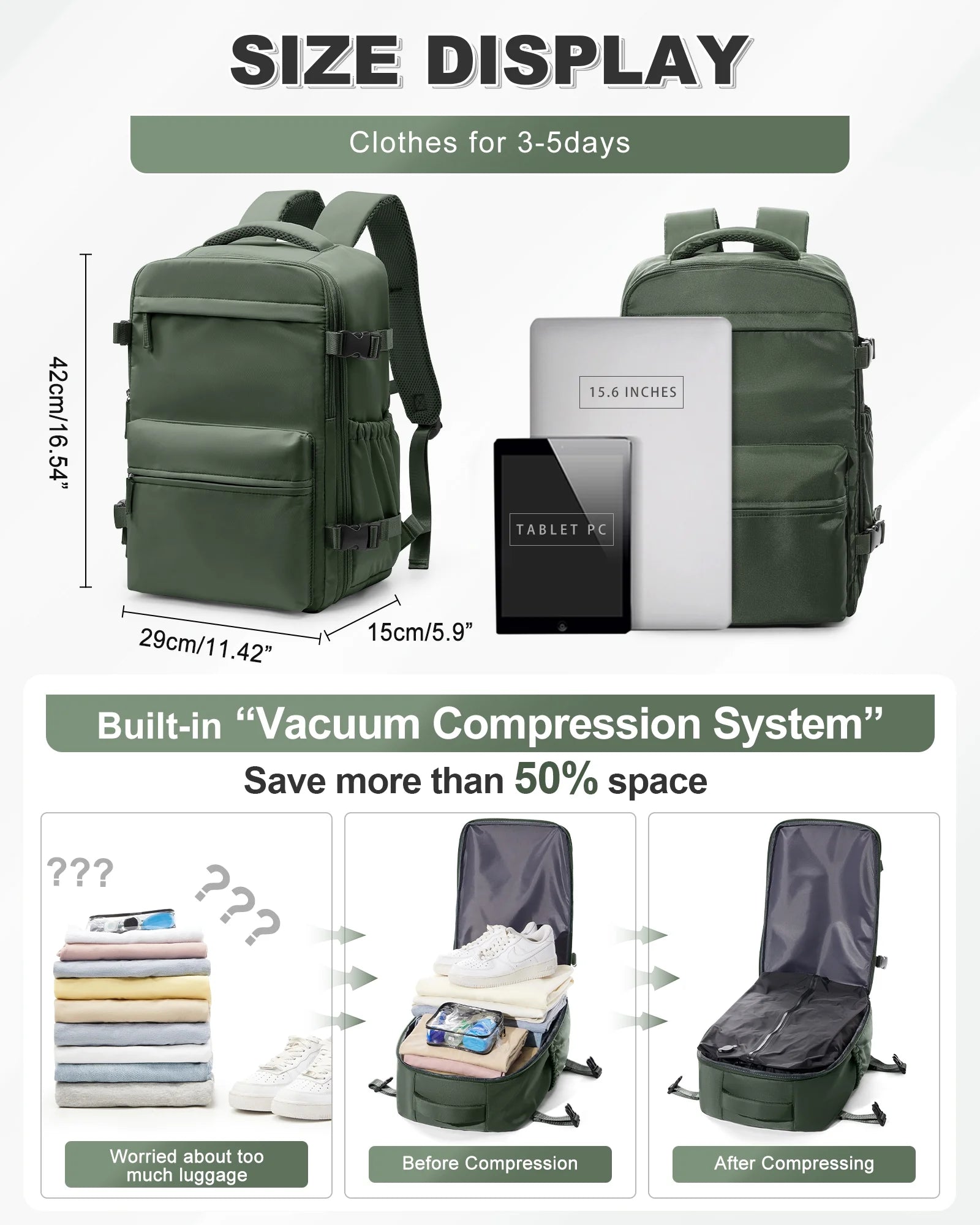 Travel Vacuum Backpack with Air Pump, Vacuum Seal Carry on Backpack for Airplanes, Vacuum Back Pack for Travel Backpack with Vacuum Compression Business Day Vacpack Backpack for Women Men Green