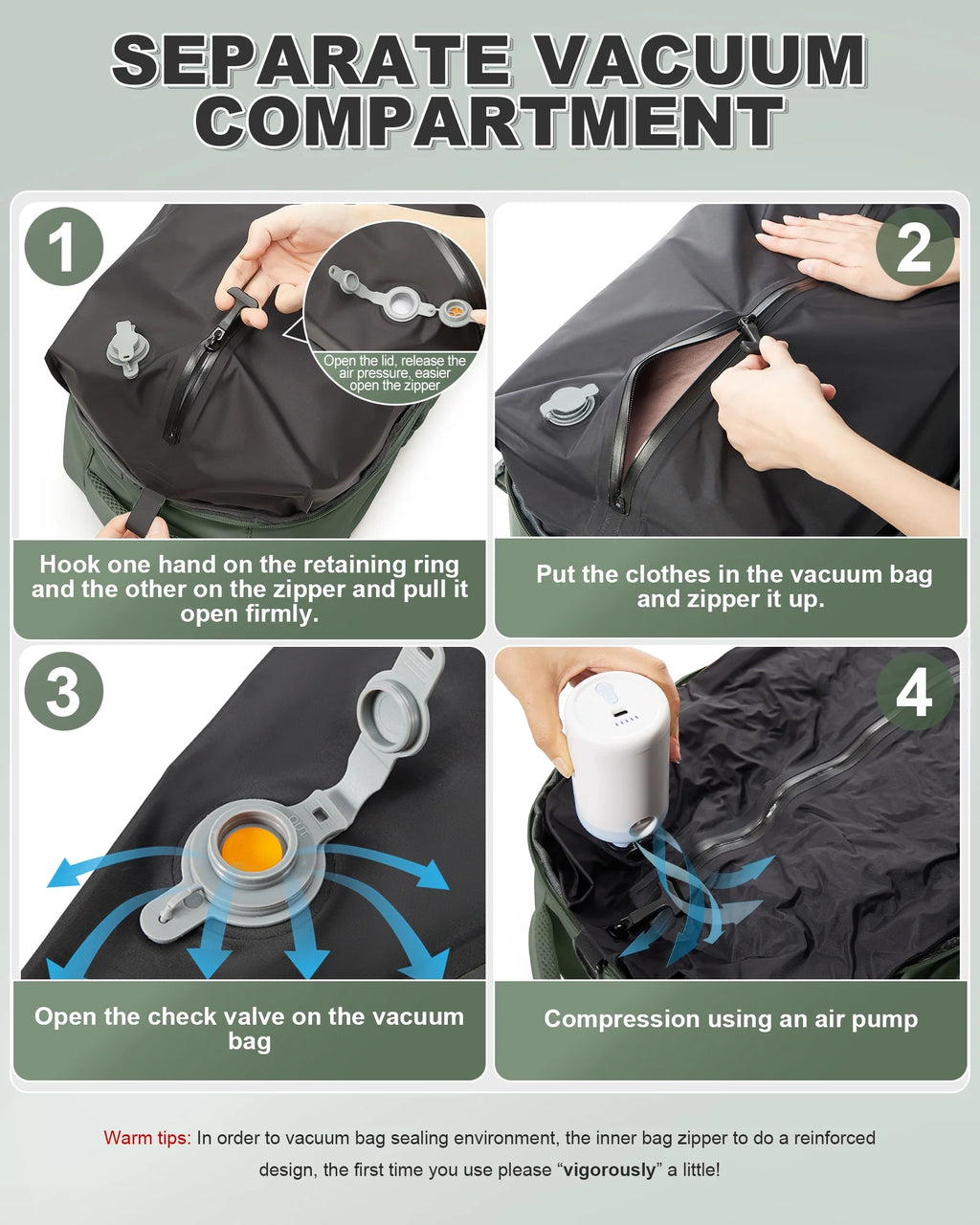 Travel Vacuum Backpack with Air Pump, Vacuum Seal Carry on Backpack for Airplanes, Vacuum Back Pack for Travel Backpack with Vacuum Compression Business Day Vacpack Backpack for Women Men Green