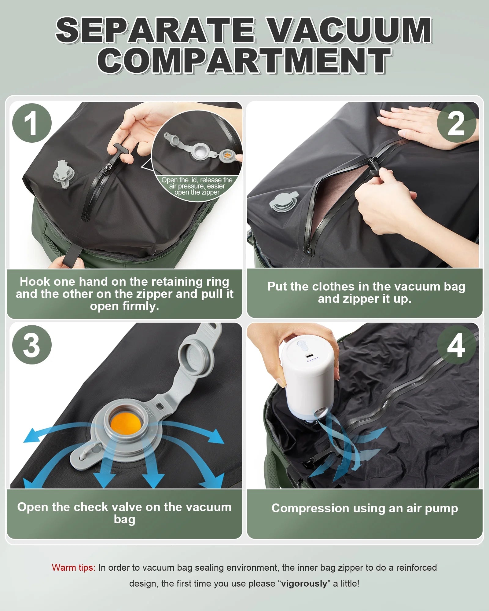 Travel Vacuum Backpack with Air Pump, Vacuum Seal Carry on Backpack for Airplanes, Vacuum Back Pack for Travel Backpack with Vacuum Compression Business Day Vacpack Backpack for Women Men Green