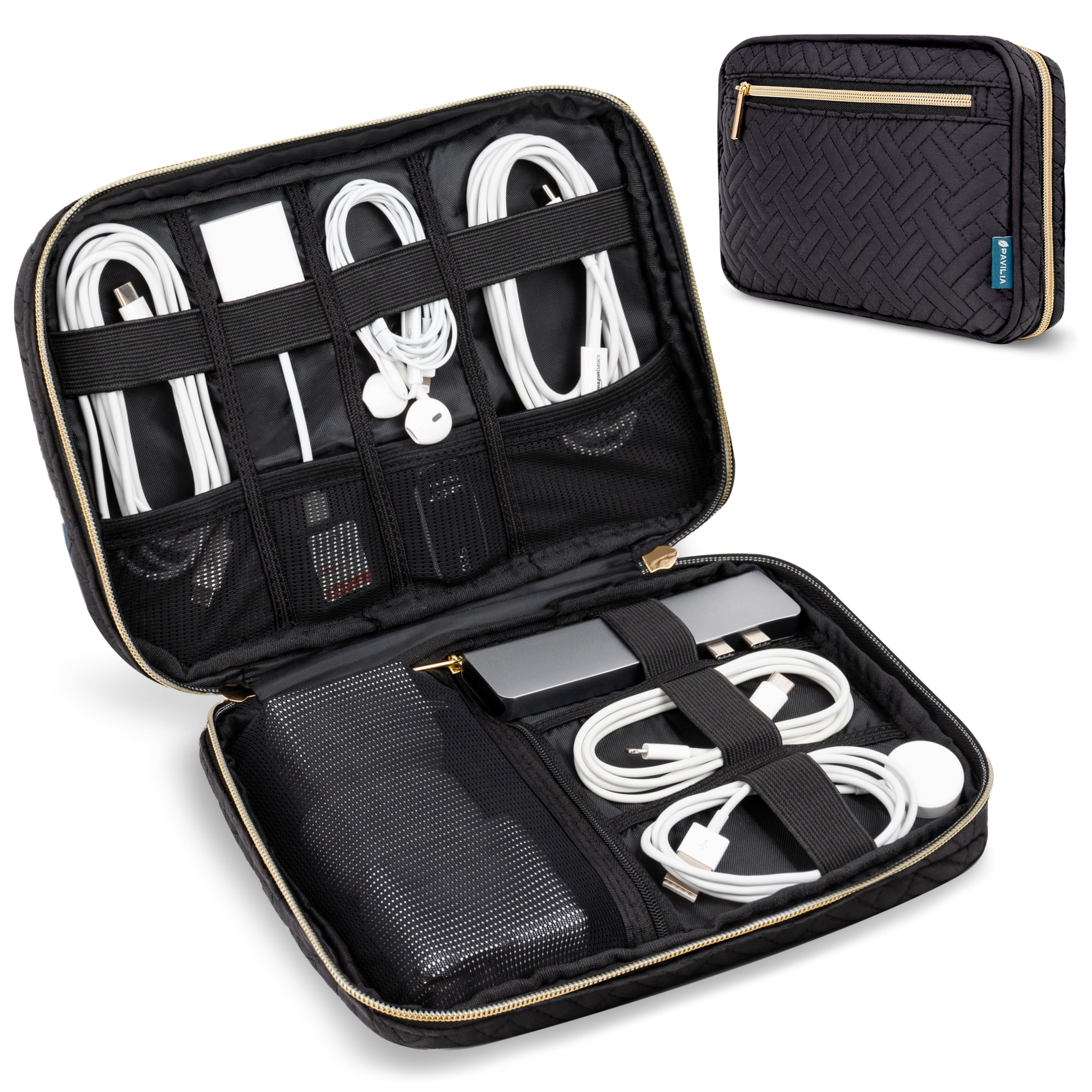 Travel Cord Organizer, Electronic Organizer Travel Case, Tech Organizer Travel Case, Cable Organizer Travel Storage, Small Charger Cord Bag Pouch, Travel Accessories Tech Gift Men, Black Quilt