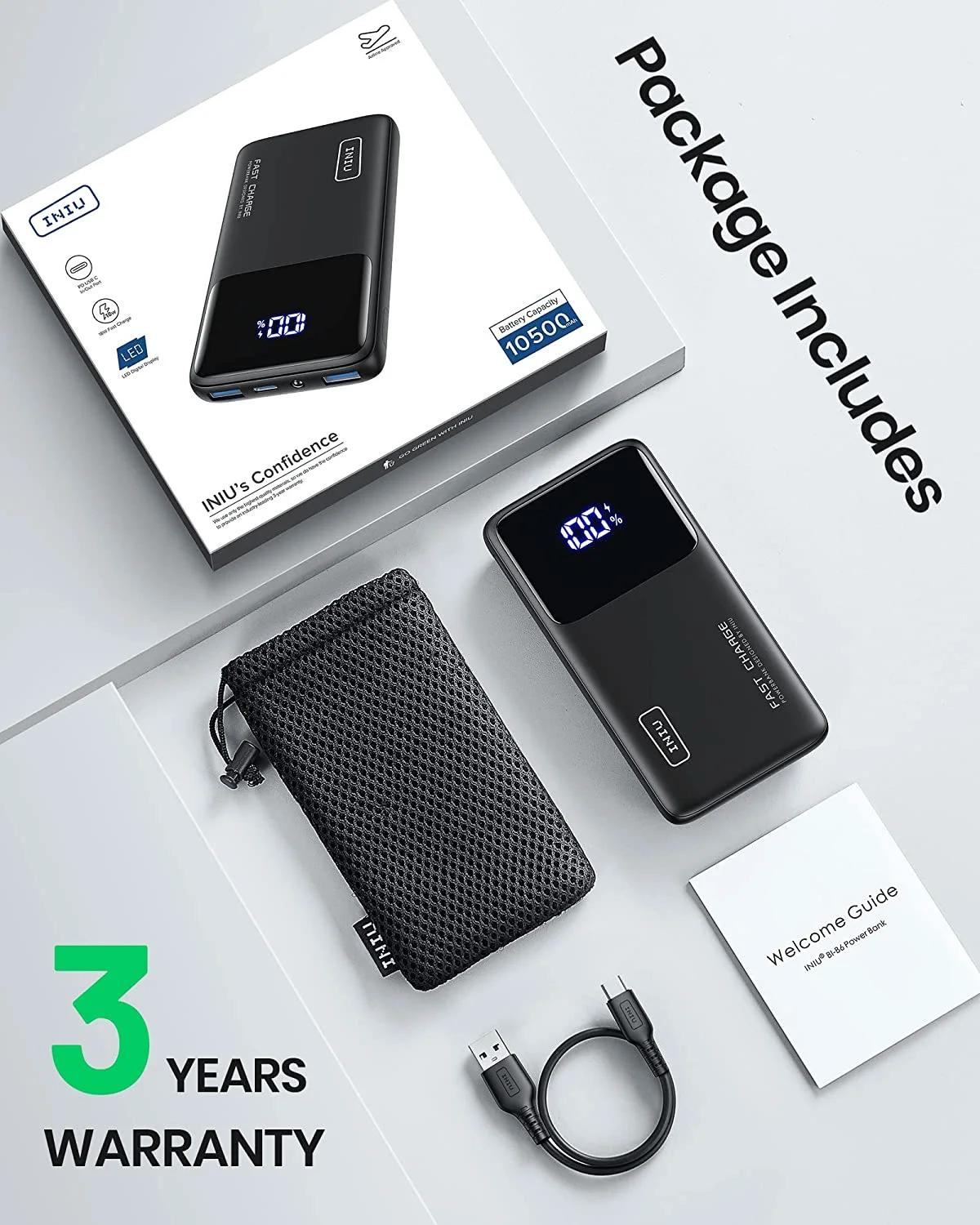 INIU 10000mAh Slim Power Bank – 22.5W Fast Charging, USB-C In & Out, PD 3.0 & QC4+