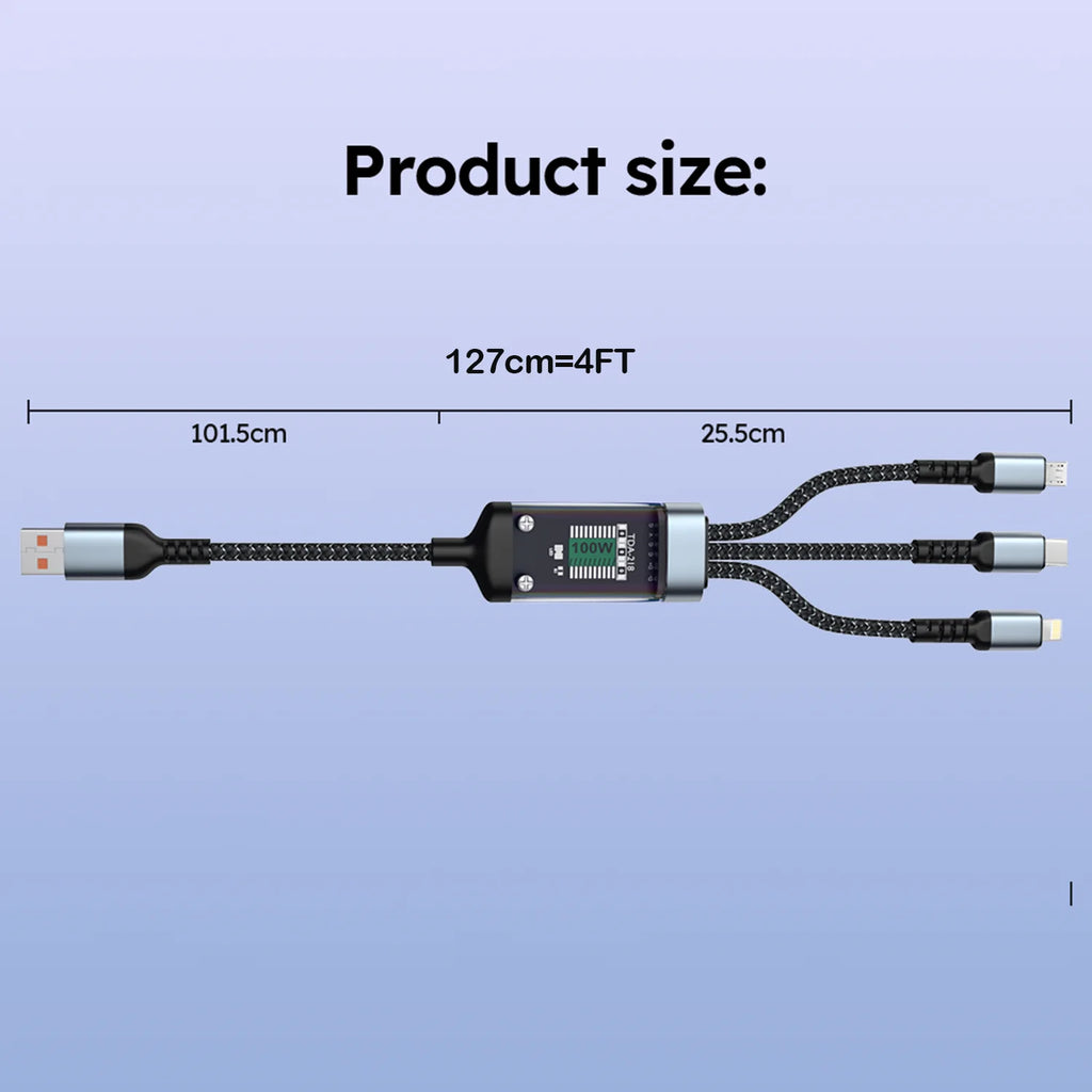 100W 3-In-1 USB Charger Cord Cell Phone Charging Cable Fast Charging Data Cable, Black