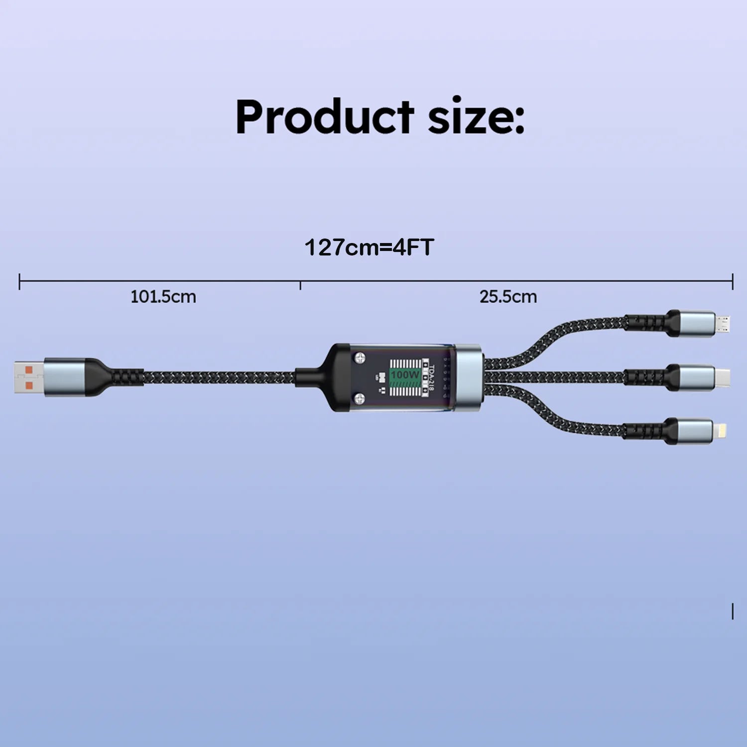 100W 3-In-1 USB Charger Cord Cell Phone Charging Cable Fast Charging Data Cable, Black