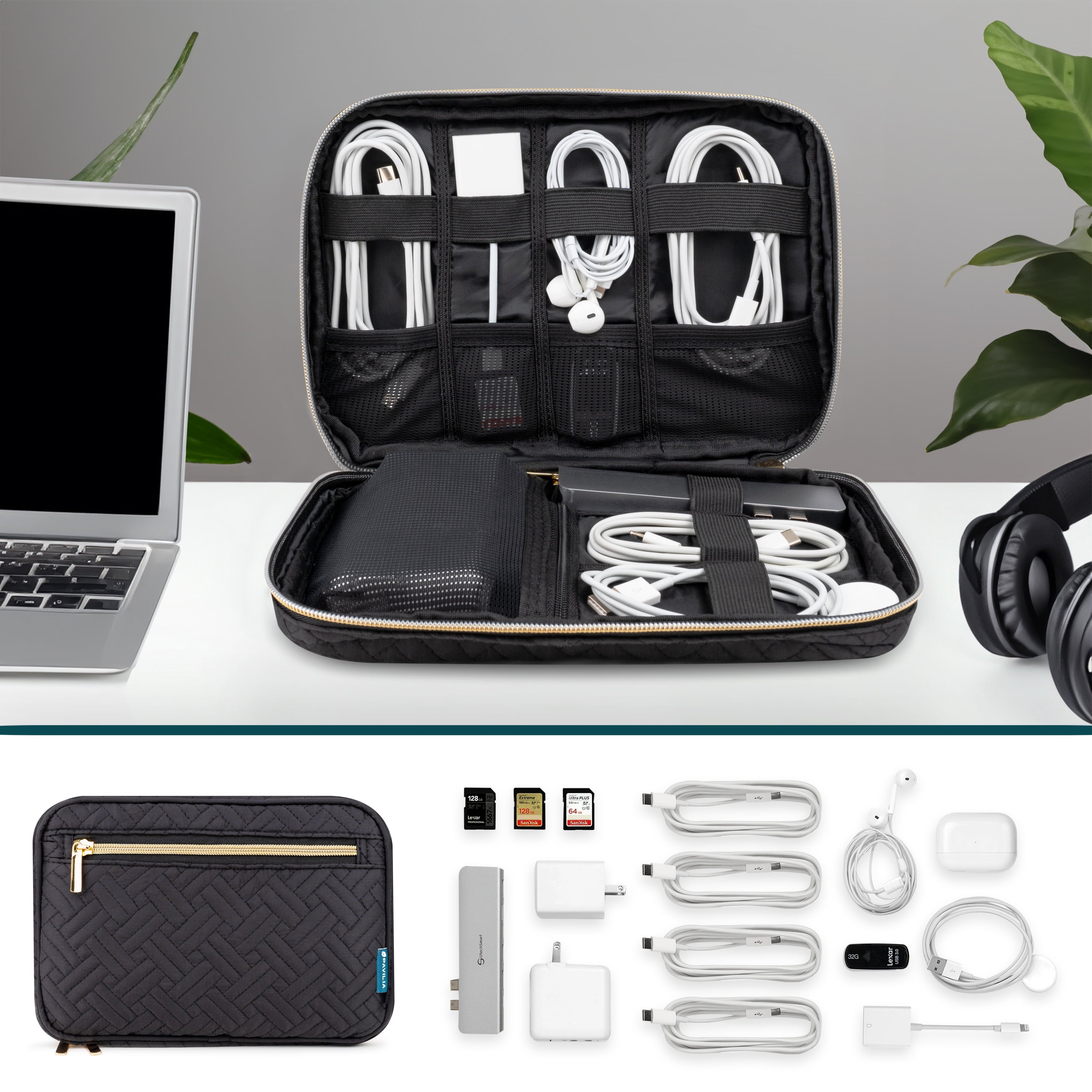 Travel Cord Organizer, Electronic Organizer Travel Case, Tech Organizer Travel Case, Cable Organizer Travel Storage, Small Charger Cord Bag Pouch, Travel Accessories Tech Gift Men, Black Quilt