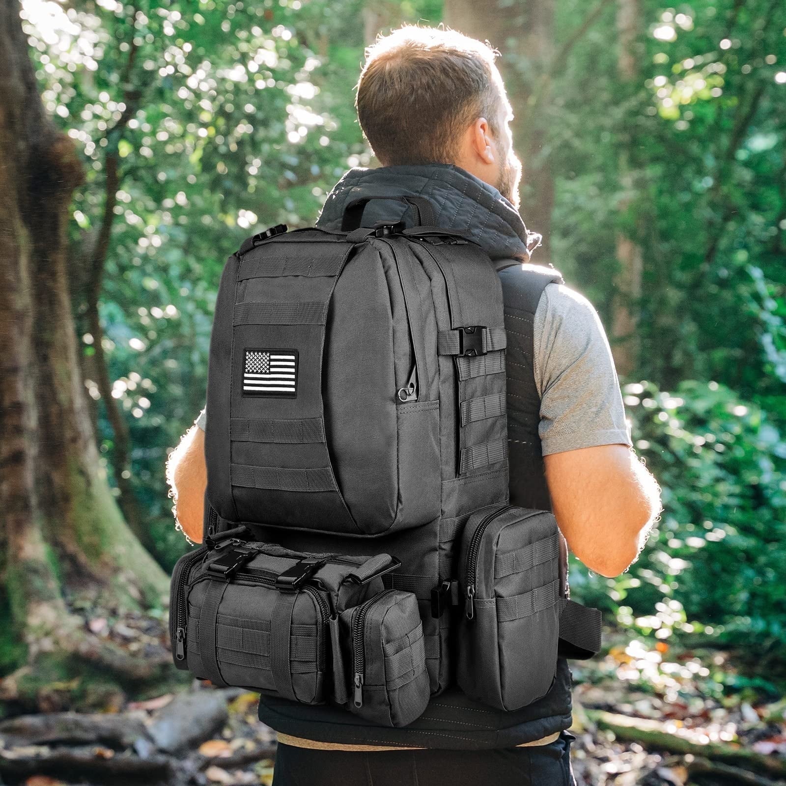 60L Camping Hiking Backpack, Large Multifunction Outdoor Sport Backpack, Black with Patch