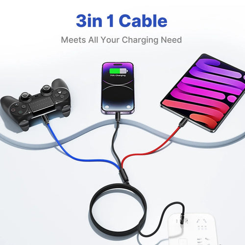 2 Pack Multi Charging Cable, 3 in 1 Multi Phone Charger Cable Fast Charging Cord with USB C, Micro USB Cable Compatible with Iphone/Ipad/Samsung/Android Phone, Black
