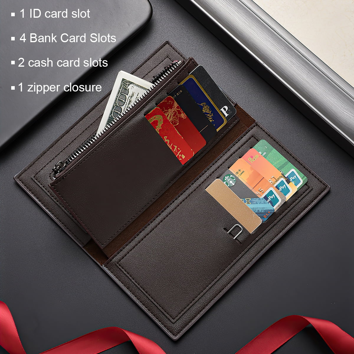 Long Wallet for Men, RFID Blocking Bifold Leather Wallet, Men'S Long Slim Wallet with ID Window and Multiple Card Slots
