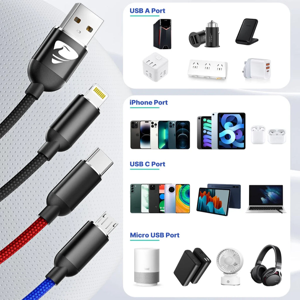 2 Pack Multi Charging Cable, 3 in 1 Multi Phone Charger Cable Fast Charging Cord with USB C, Micro USB Cable Compatible with Iphone/Ipad/Samsung/Android Phone, Black
