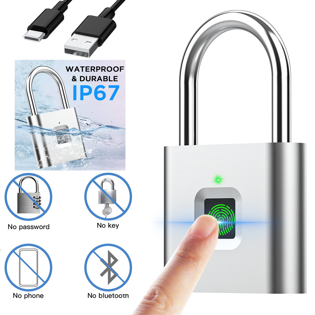 Waterproof Smart Fingerprint Door Lock Keyless Padlock Security USB Rechargeable