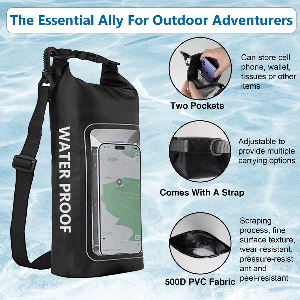 Waterproof Bag with Built-In Phone Pouch, 2L Dry Bag Roll Top Waterproof Phone Bag for Kayaking, Boating, Rafting, Beach