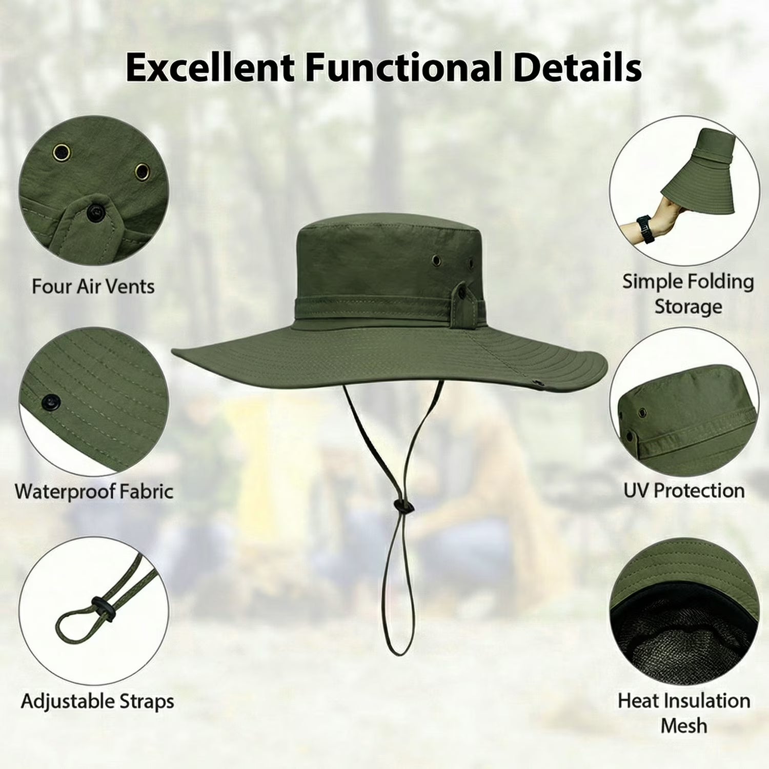 Sun Hat for Men Sun Protection Wide Brim Bucket Hat Waterproof Breathable Packable Boonie Hat for Fishing Green