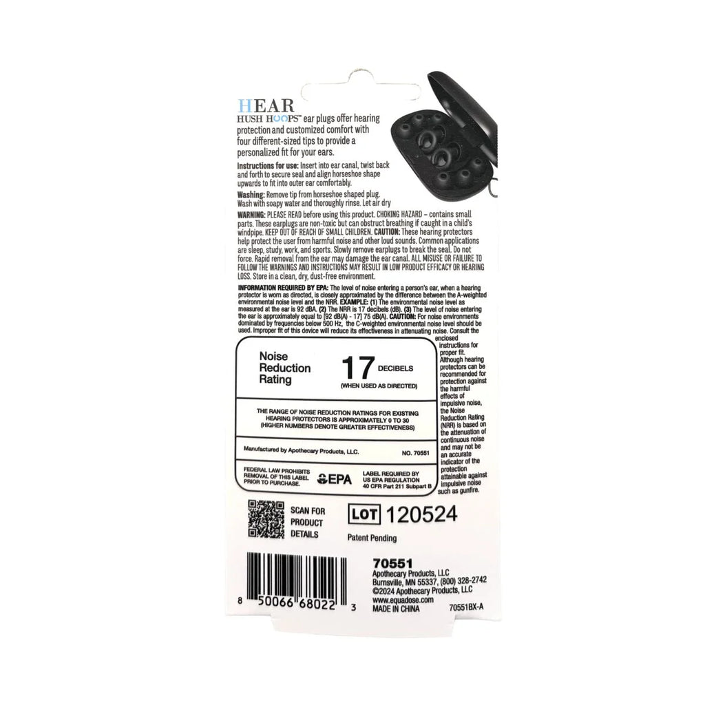 Hoops Reusable Soft Silicone Ear Plugs, 17Db Noise Reduction Rating, Case Included, Black