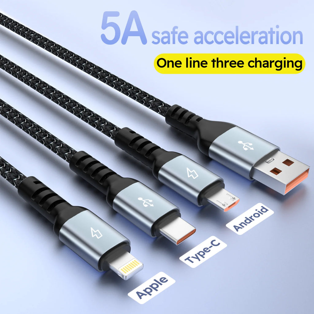 100W 3-In-1 USB Charger Cord Cell Phone Charging Cable Fast Charging Data Cable, Black