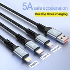 100W 3-In-1 USB Charger Cord Cell Phone Charging Cable Fast Charging Data Cable, Black