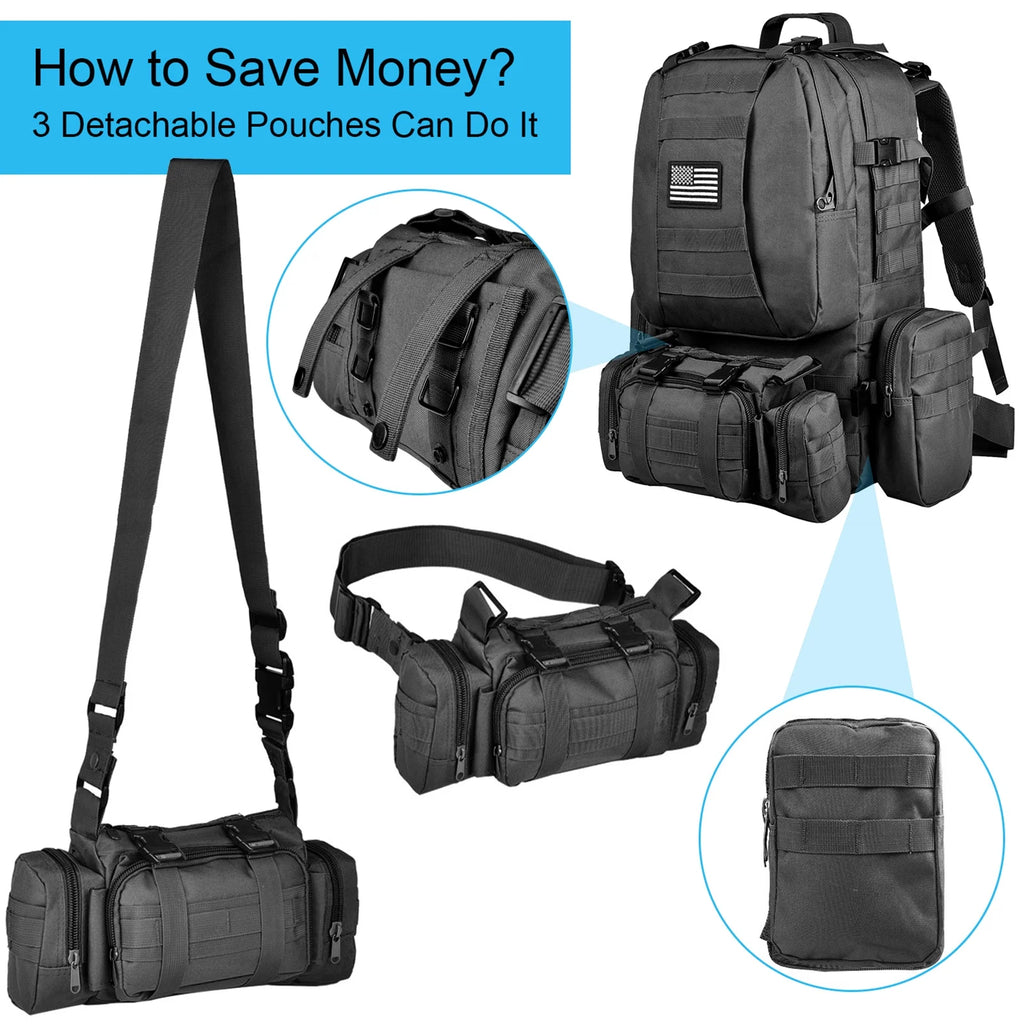 60L Camping Hiking Backpack, Large Multifunction Outdoor Sport Backpack, Black with Patch