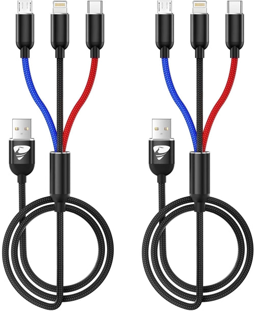 2 Pack Multi Charging Cable, 3 in 1 Multi Phone Charger Cable Fast Charging Cord with USB C, Micro USB Cable Compatible with Iphone/Ipad/Samsung/Android Phone, Black