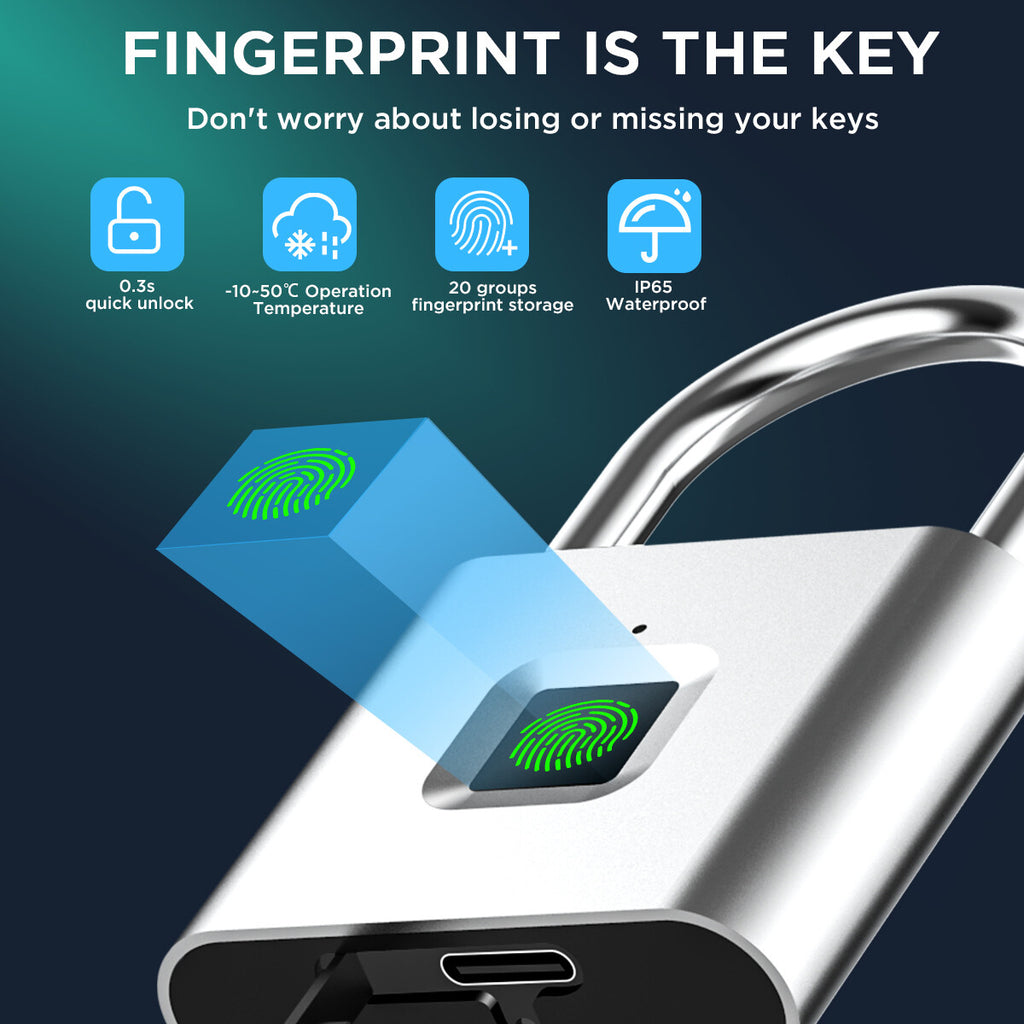 Waterproof Smart Fingerprint Door Lock Keyless Padlock Security USB Rechargeable