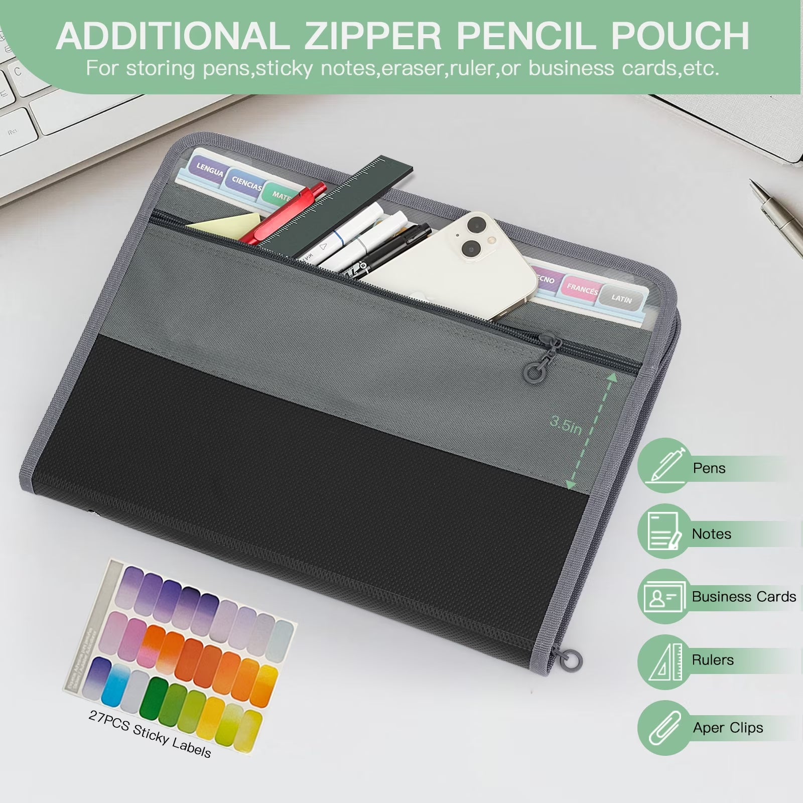 Accordion File Organizer with Zipper 13-Pocket, A7 Transparent Document Bag, Waterproof Document Storage for Home, Office, School