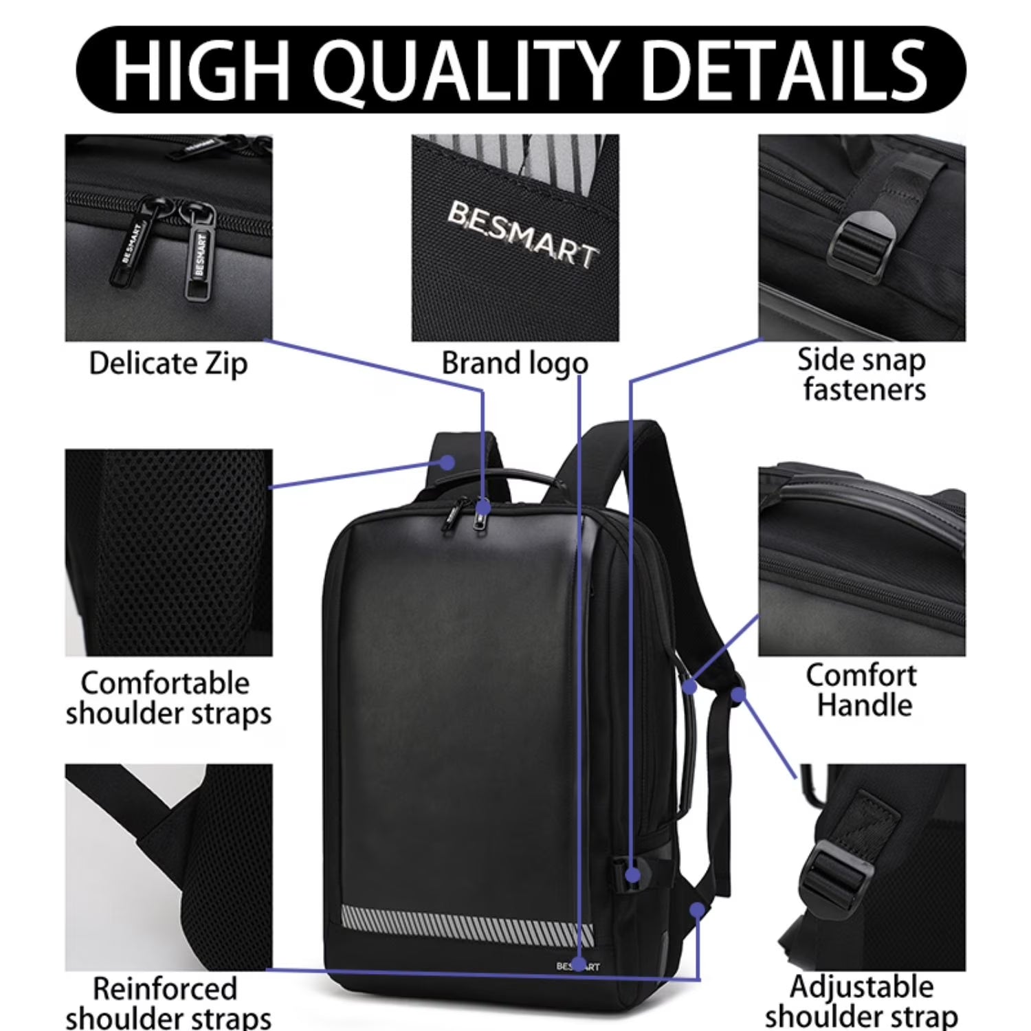 BE SMART Waterproof Expandable Laptop Backpack with Type-C/Usb Charging Port & Trolley Sleeve, Shockproof 15.6 Inch Computer Bag for Men Women, Boarding Casual Daypack for Travel/Business/Work, Black