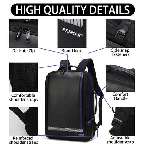 BE SMART Waterproof Expandable Laptop Backpack with Type-C/Usb Charging Port & Trolley Sleeve, Shockproof 15.6 Inch Computer Bag for Men Women, Boarding Casual Daypack for Travel/Business/Work, Black