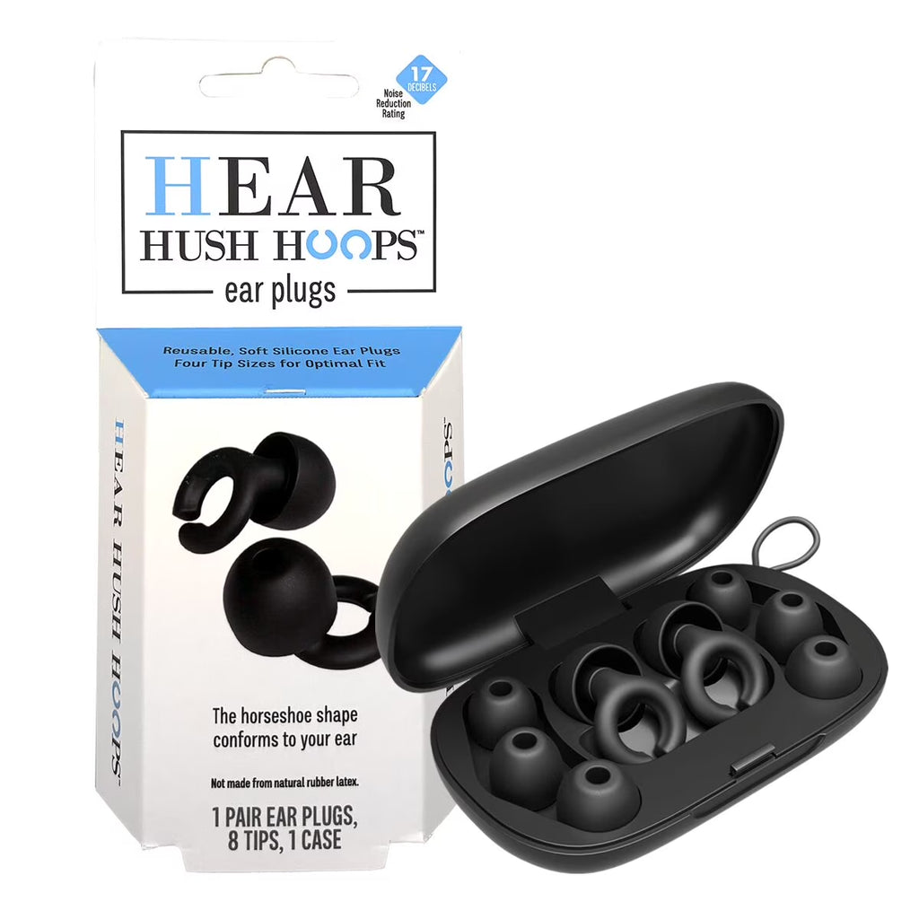 Hoops Reusable Soft Silicone Ear Plugs, 17Db Noise Reduction Rating, Case Included, Black