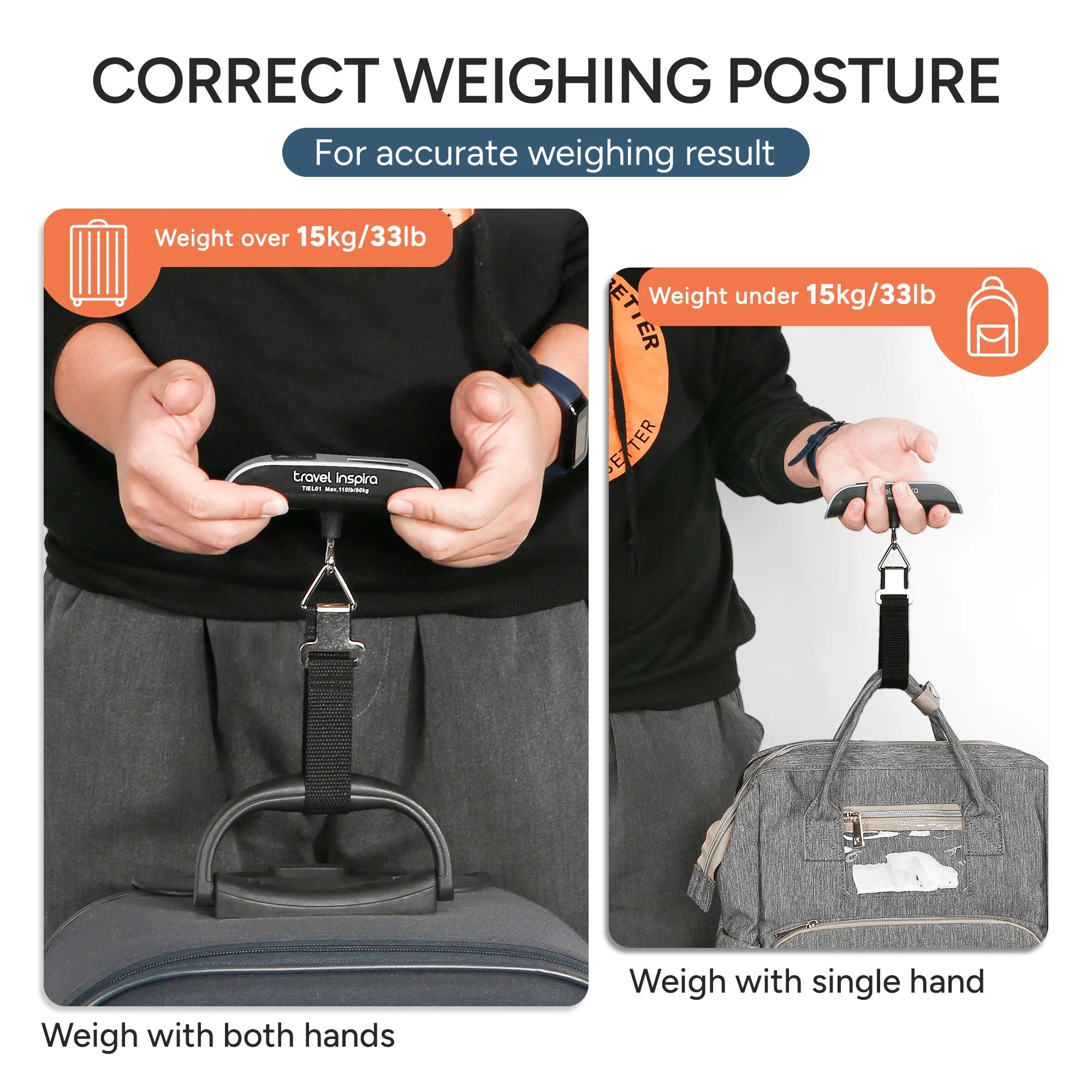 Digital Luggage Scale, 110LB Portable Handheld Baggage Scale for Travel, Suitcase Scale with Hook, Battery Included with Overweight Alert, White Backlight LCD Display - Silver