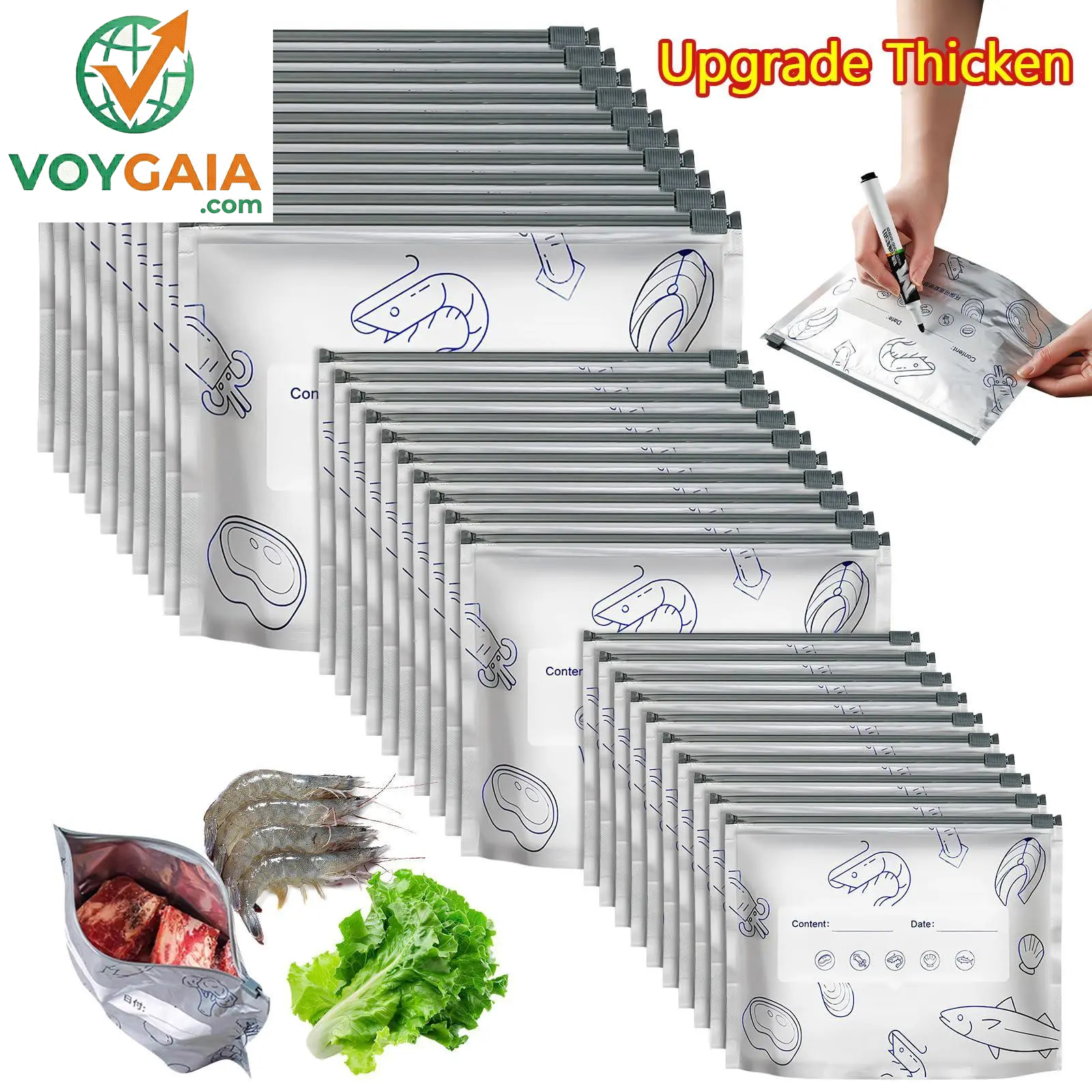【Refrigerated Food】Reusable Aluminum Foil Sealable Storage Bags, 2026 New Resealable Vacuum Zipper Pouches for Food, Stand up Foil Sealable Bags with Label and Zip Lock for Vegetable Fruit Meat