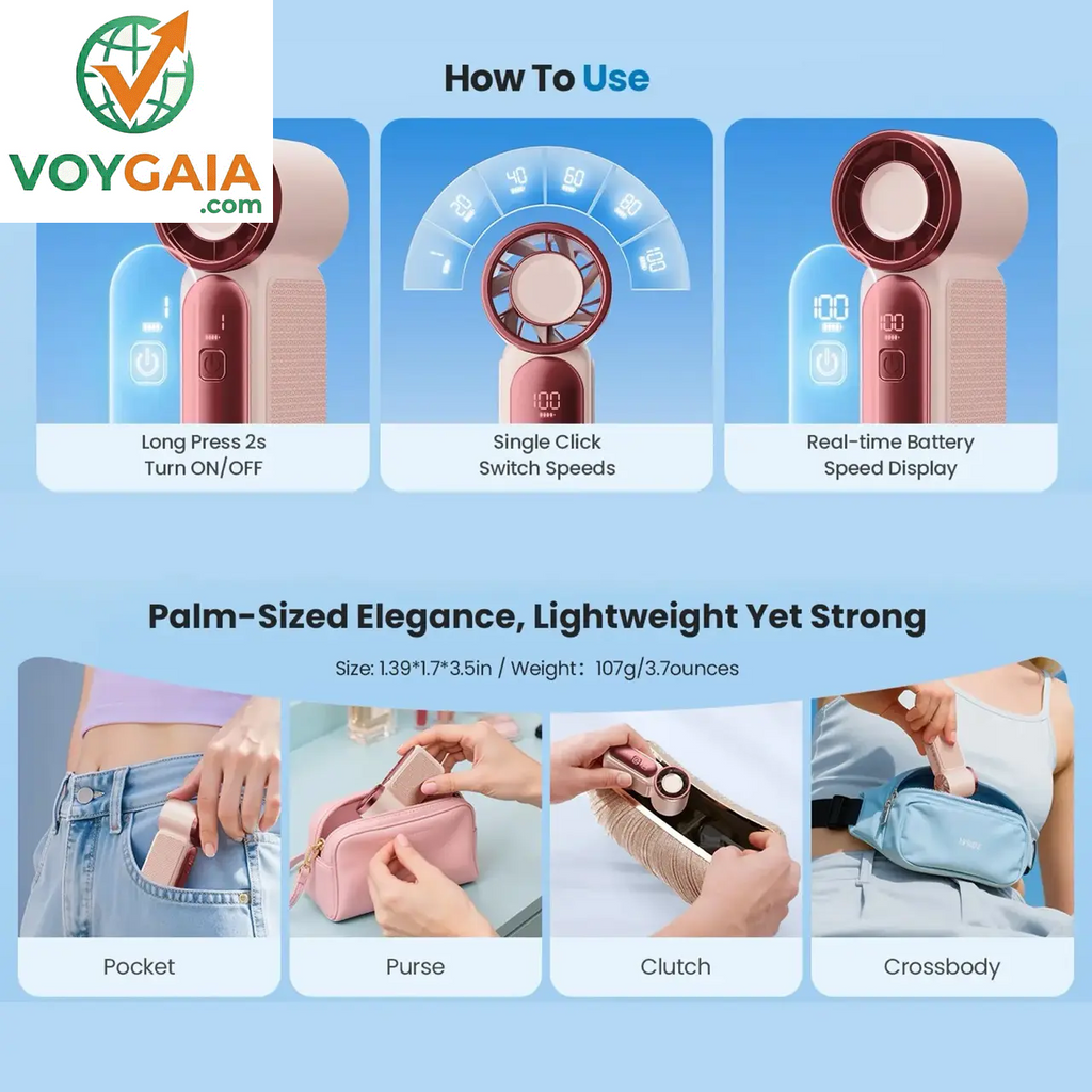 Mini Handheld Fan with LED Display – 6-Speed Turbo Pocket Fan for Women. USB Rechargeable, High-Speed Cooling for Travel & Makeup. Perfect Gift. Portable Refrigeration